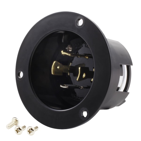 Flanged Locking Inlet, 20 A, 125/250V AC, Screw Terminals, Black